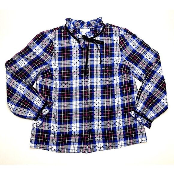Charter Club Blue Black‎ Plaid Ruffle Tie Neck Button Down Sz PXL NEW - Picture 3 of 8
